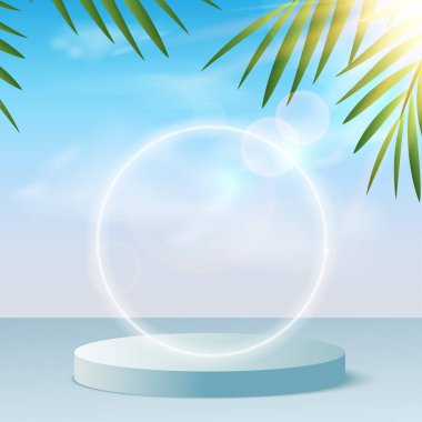 Mavi renkli geometrik üç boyutlu podyumlarla soyut arkaplan. Vektör illüstrasyonu.