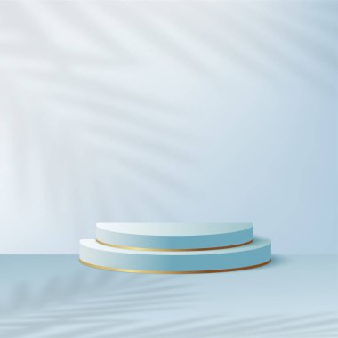 Mavi renkli geometrik üç boyutlu podyumlarla soyut arkaplan. Vektör illüstrasyonu.