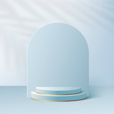 Mavi renkli geometrik üç boyutlu podyumlarla soyut arkaplan. Vektör illüstrasyonu.