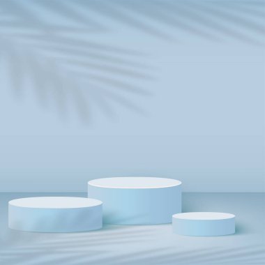 Mavi renkli geometrik üç boyutlu podyumlarla soyut arkaplan. Vektör illüstrasyonu.