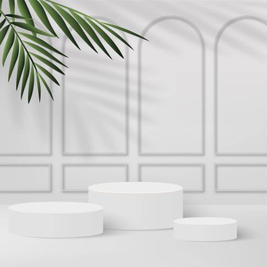Beyaz renkli geometrik üç boyutlu podyumlarla soyut arkaplan. Vektör illüstrasyonu.