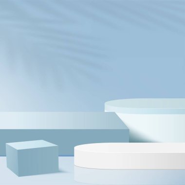 Mavi renkli geometrik üç boyutlu podyumlarla soyut arkaplan. Vektör illüstrasyonu