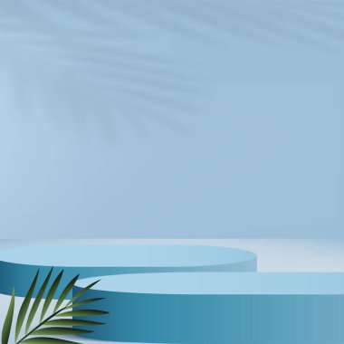 Mavi renkli geometrik üç boyutlu podyumlarla soyut arkaplan. Vektör illüstrasyonu.