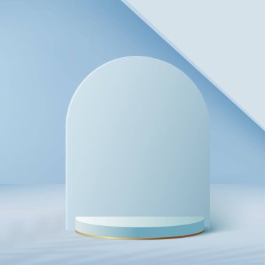 Mavi renkli geometrik üç boyutlu podyumlarla soyut arkaplan. Vektör illüstrasyonu.