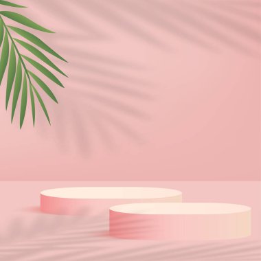 Pembe renkli geometrik üç boyutlu podyumlarla soyut arkaplan. Vektör illüstrasyonu.