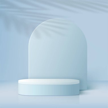 Mavi renkli geometrik üç boyutlu podyumlarla soyut arkaplan. Vektör illüstrasyonu.