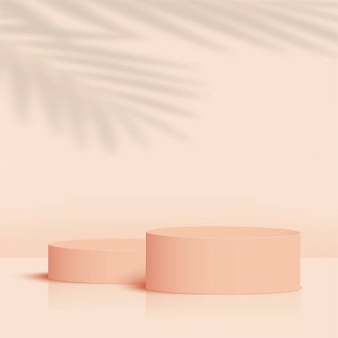 Krem rengi geometrik 3 boyutlu podyumlarla soyut arkaplan. Vektör illüstrasyonu.