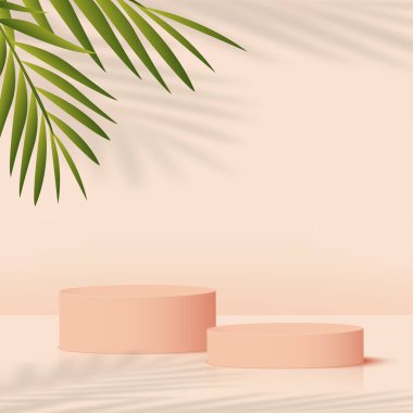 Krem rengi geometrik 3 boyutlu podyumlarla soyut arkaplan. Vektör illüstrasyonu.