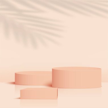 Krem rengi geometrik 3 boyutlu podyumlarla soyut arkaplan. Vektör illüstrasyonu.