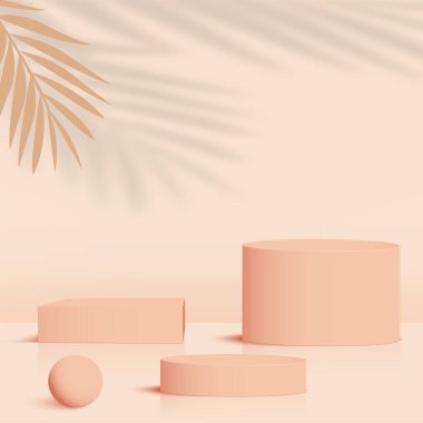 Krem rengi geometrik 3 boyutlu podyumlarla soyut arkaplan. Vektör illüstrasyonu.