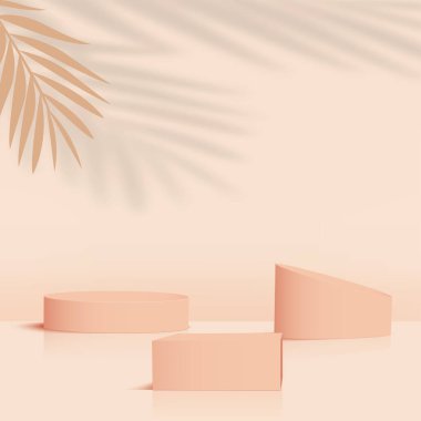 Krem rengi geometrik 3 boyutlu podyumlarla soyut arkaplan. Vektör illüstrasyonu.