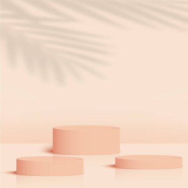 Krem rengi geometrik 3 boyutlu podyumlarla soyut arkaplan. Vektör illüstrasyonu