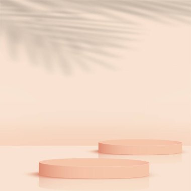 Krem rengi geometrik 3 boyutlu podyumlarla soyut arkaplan. Vektör illüstrasyonu.