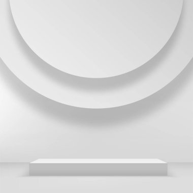 Beyaz renkli geometrik üç boyutlu podyumlarla soyut arkaplan. Vektör illüstrasyonu.