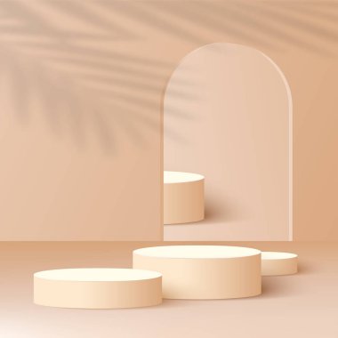 Ürünler, krem şeklindeki geometrik platformlu 3D arka plan podyumunu gösteriyor. Vektör illüstrasyonu.