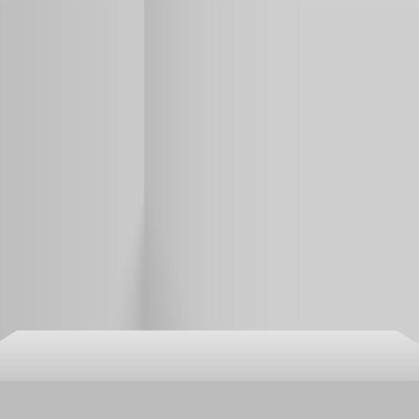 Ürünler, beyaz şekilli geometrik platformlu 3D arka plan podyumunu gösteriyor. Vektör illüstrasyonu.