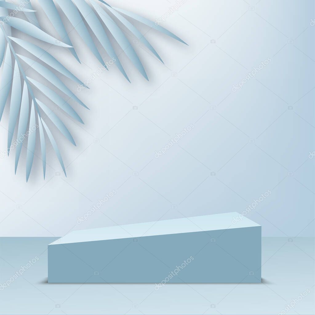 Products display 3d background podium scene with blue leaves and geometric platform. Vector illustration.