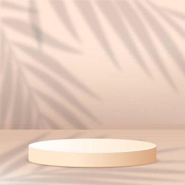 Ürünler, krem rengi geometrik platformlu 3d arka plan podyumunu gösteriyor. Vektör illüstrasyonu.