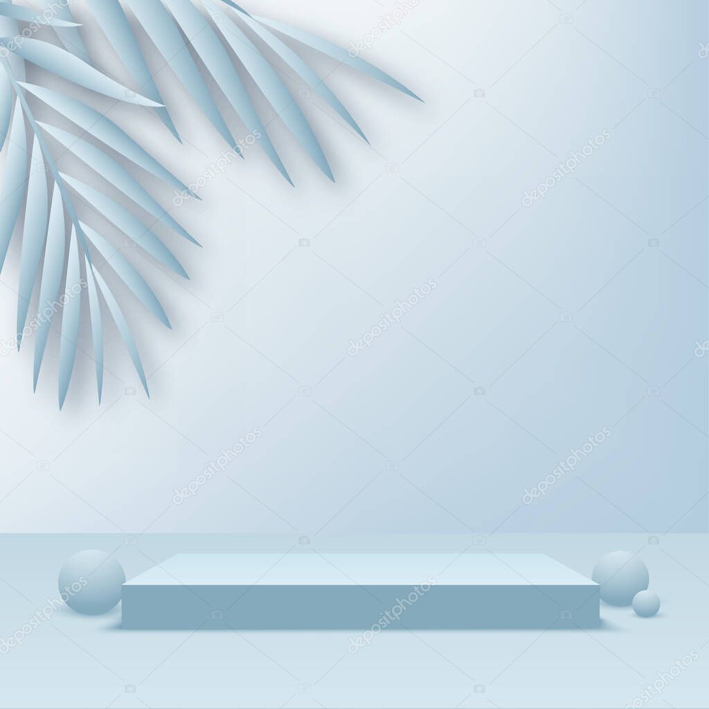 Products display 3d background podium scene with blue shape geometric platform. Vector illustration.