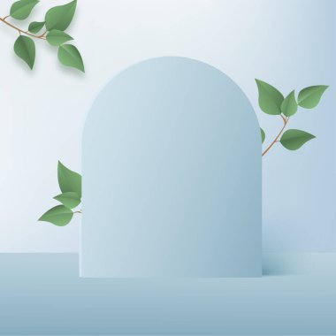 Ürünler, mavi şekilli geometrik platform ve yeşil yapraklı 3D arka plan podyumunu gösteriyor. Vektör illüstrasyonu