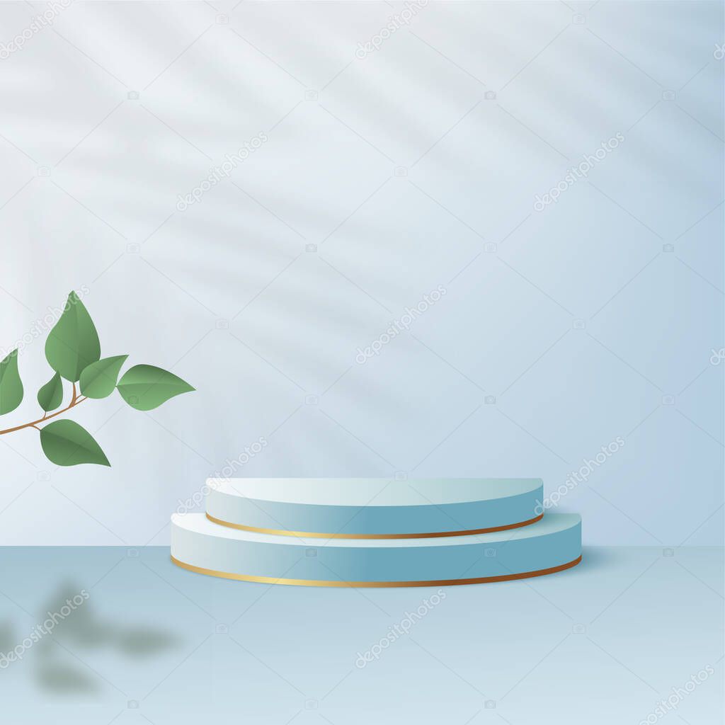 Products display 3d background podium scene with blue shape geometric platform and green leaves. Vector illustration.
