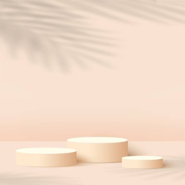 Ürünler, krem şeklindeki geometrik platformlu 3D arka plan podyumunu gösteriyor. Vektör illüstrasyonu