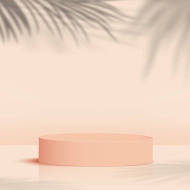 Ürünler, krem şeklindeki geometrik platformlu 3D arka plan podyumunu gösteriyor. Vektör illüstrasyonu