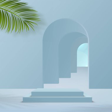 Ürünler, bulut gökyüzü ve mavi şekilli geometrik platformlu 3D arka plan podyumunu gösteriyor. Vektör illüstrasyonu