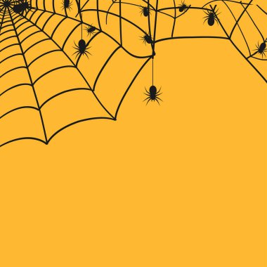 Turuncu arka planda örümcekler olan siyah örümcek ağı. Örümcek ağı. Vektör.