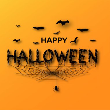 Mutlu Cadılar Bayramı tebrik kartı Wirh el yapımı örümcekler, turuncu arka planda yarasalar. Vektör.
