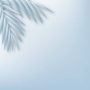 Ürünler, mavi yapraklı geometrik platformlu 3D arka plan podyumunu gösteriyor. Vektör illüstrasyonu..