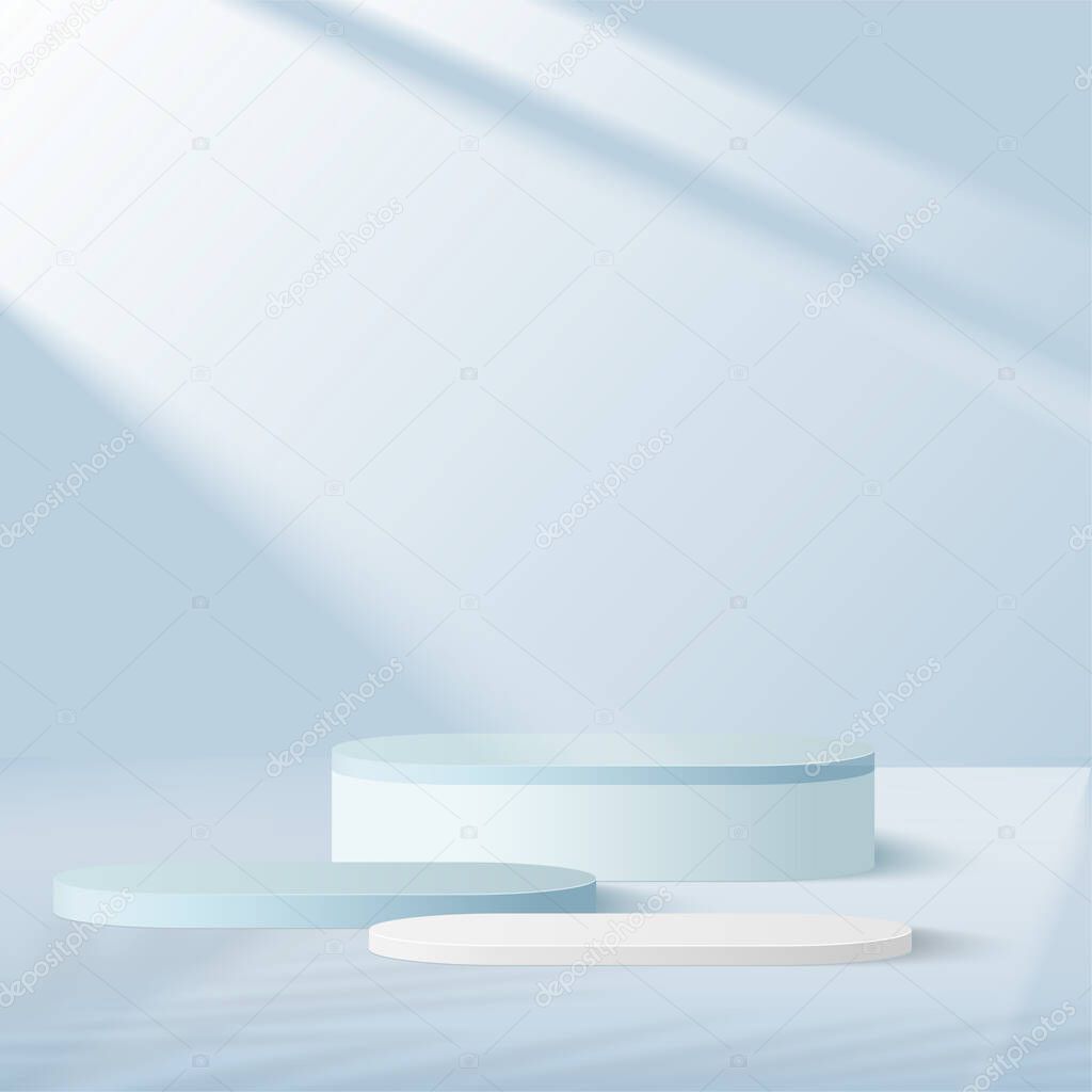 Products display 3d background podium scene with blue shape geometric platform. Vector illustration.