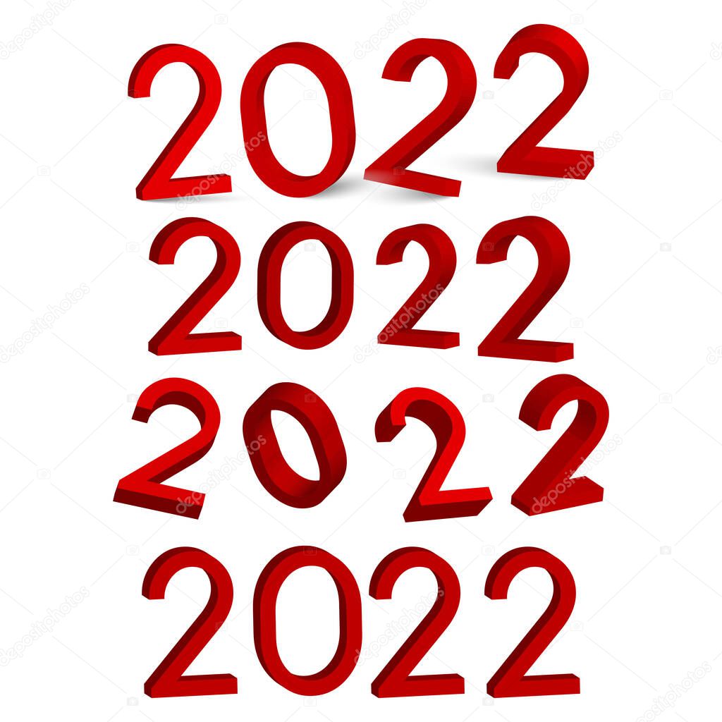 3D 2022 red numbers for greeting card. Vector.
