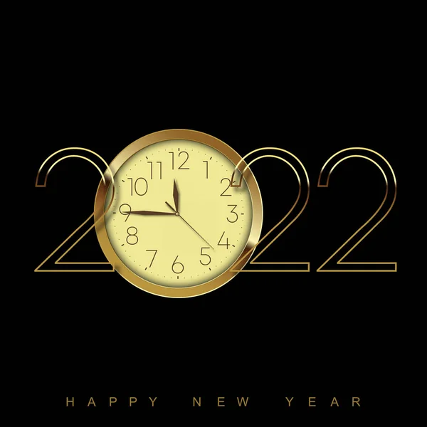 2022 Biglietto Auguri Capodanno Con Orologio Oro Sfondo Nero Illustrazione — Vettoriale Stock