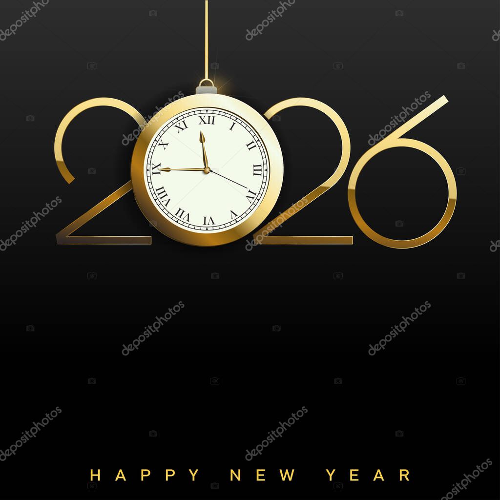 Luxury Happy New Year 2026 logo with golden clock ornament. Vector illustration