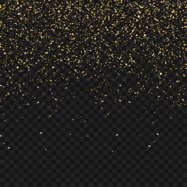 Düşen Altın Konfeti Parçacıkları Şeffaf Arkaplan Kaplamasında izole edildi. Vektör illüstrasyonu
