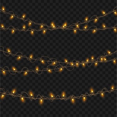 Şeffaf Arkaplan 'da Noel Parlayan Sarı İp Işıkları Garland setini süslüyor. Vektör illüstrasyonu
