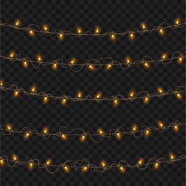 Şeffaf Arkaplan 'da Noel Parlayan Sarı İp Işıkları Garland setini süslüyor. Vektör illüstrasyonu