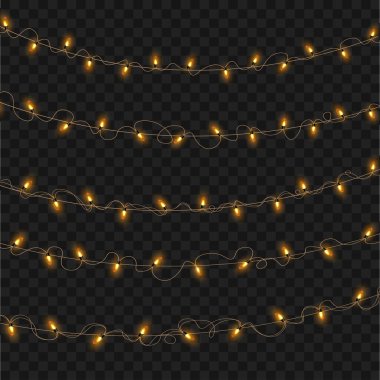 Şeffaf Arkaplan 'da Noel Parlayan Sarı İp Işıkları Garland setini süslüyor. Vektör illüstrasyonu