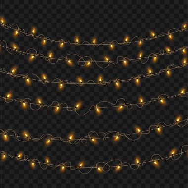 Şeffaf Arkaplan 'da Noel Parlayan Sarı İp Işıkları Garland setini süslüyor. Vektör illüstrasyonu