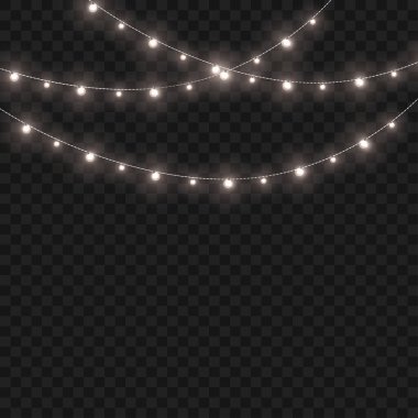 Noel Beyaz Çapraz Parlayan İp Işıkları Şeffaf Arkaplanda Sınır Tanıyor. Vektör illüstrasyonu