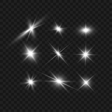 Şeffaf Arkaplanda Gerçekçi Beyaz Parlak Lens Fişekleri ve Parıldayan Yıldızlar Belirlendi. Vektör illüstrasyonu