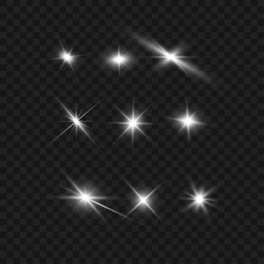 Şeffaf Arkaplanda Gerçekçi Beyaz Parlak Lens Fişekleri ve Parıldayan Yıldızlar Belirlendi. Vektör illüstrasyonu