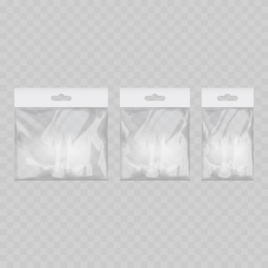 Beyaz Başlı Gerçek Şeffaf Plastik Poşet Model Seti. Asma Sekmeli Vektör Çoklu Torba Paketleme Şablonu