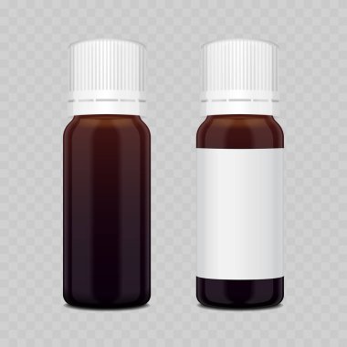 Beyaz Şapkalı Gerçekçi Amber Cam Şişe Mokup. Boş Etiketli Vektör Kahverengi Temel Yağ veya İlaç Kapsülü