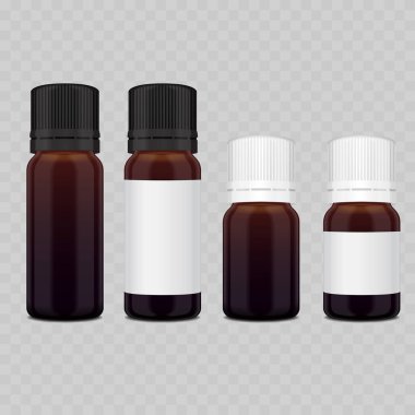 Beyaz Şapkalı Gerçekçi Amber Cam Şişe Mokup. Boş Etiketli Vektör Kahverengi Temel Yağ veya İlaç Kapsülü