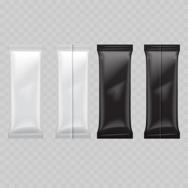 Gerçekçi Beyaz ve Siyah Çubuk Mokup Seti. Ön ve Arka Görünümlü Vektör Foil Sachet Şablonu