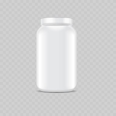 Gerçekçi Beyaz Plastik Jar Mockup. Protein tozu, takviye veya krema için Vektör Silindiri Şablonu