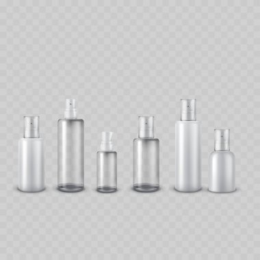 Gerçekçi Kozmetik Şişe Moda Seti. Beyaz Vektör ve Kapsüllü Şeffaf Sprey Şablonu