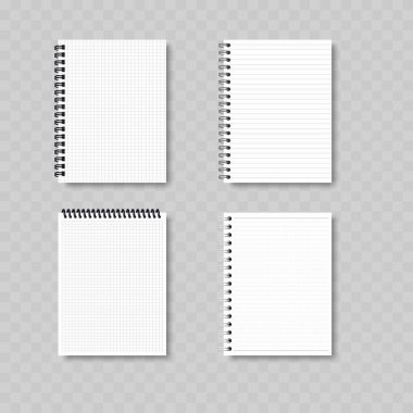 Gerçekçi Spiral Notebook Mockup Set. Kablo Bağlı Vektör, Izgara ve Kare Not Şablonları